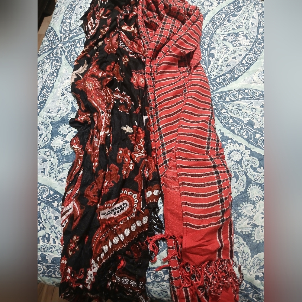 Red & Black Patterned Scarves - Pair of Lightweight Wraps